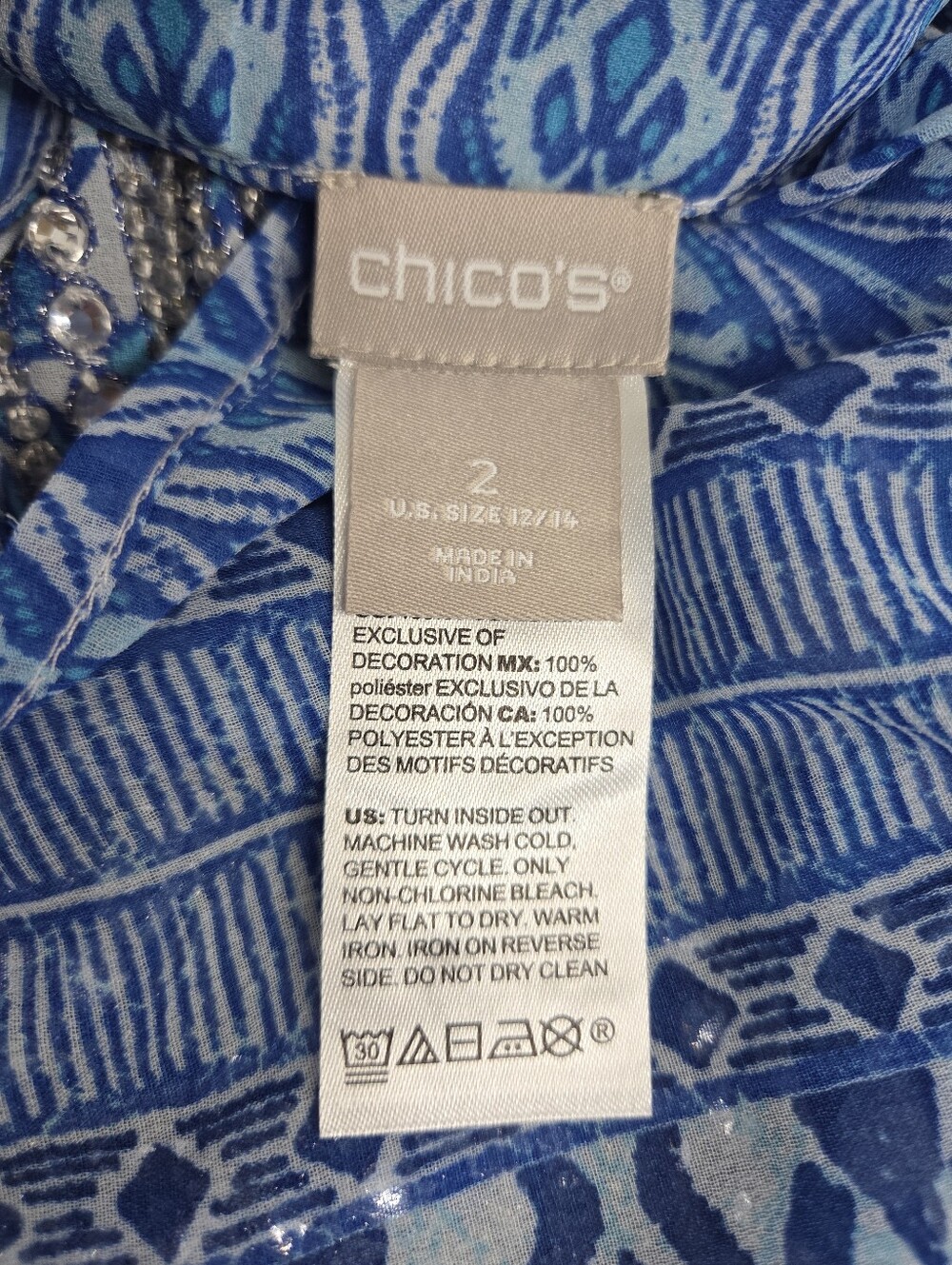 Chico's Blue Seaside Chiffon Embellished Tunic Size 2 Women's 12-14 - Picture 5 of 12